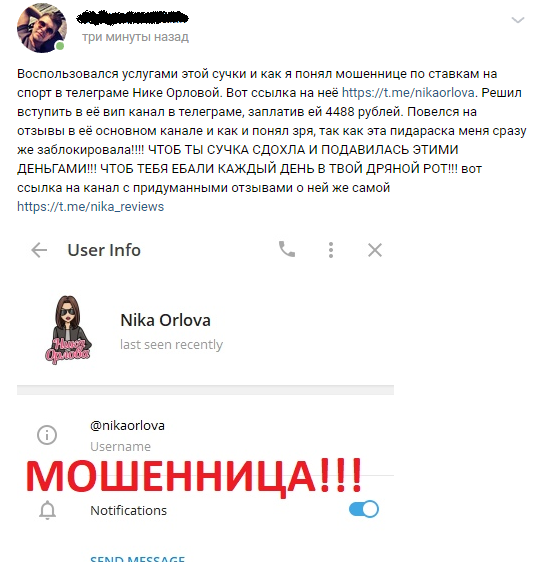 Отрицательный отзыв о кидале по ставкам на спорт каппере Нике Орловой и её мошенническом канале в Телеграм №1